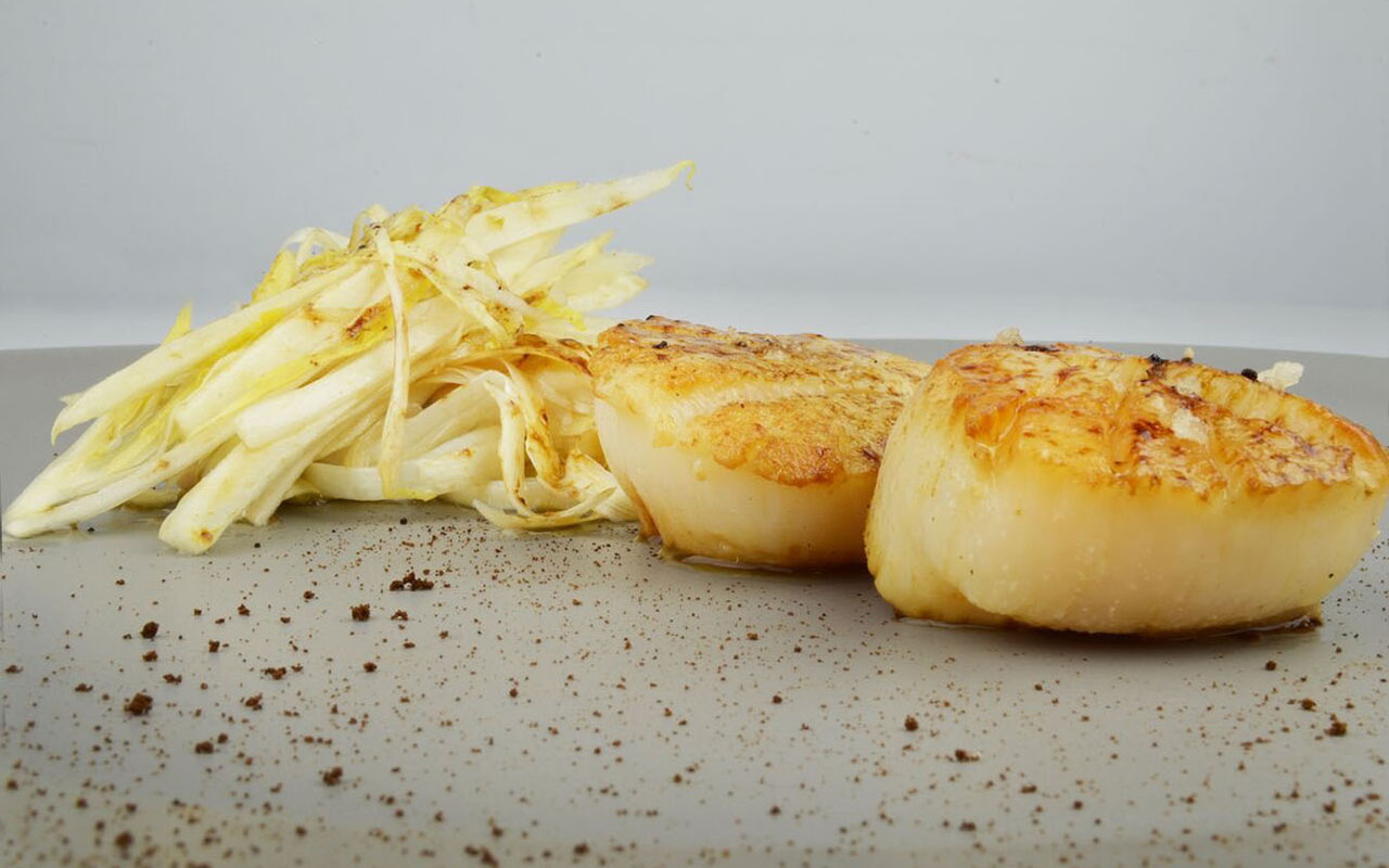 Seared Diver Scallops, Coffee Dust, Shaved White Asparagus, White Endive